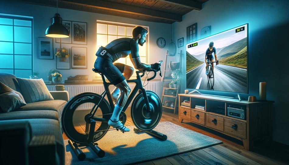 Dargestellt wird ein Radfahrer auf dem Rollentrainer in seinem Wohnzimmer beim Fernsehen